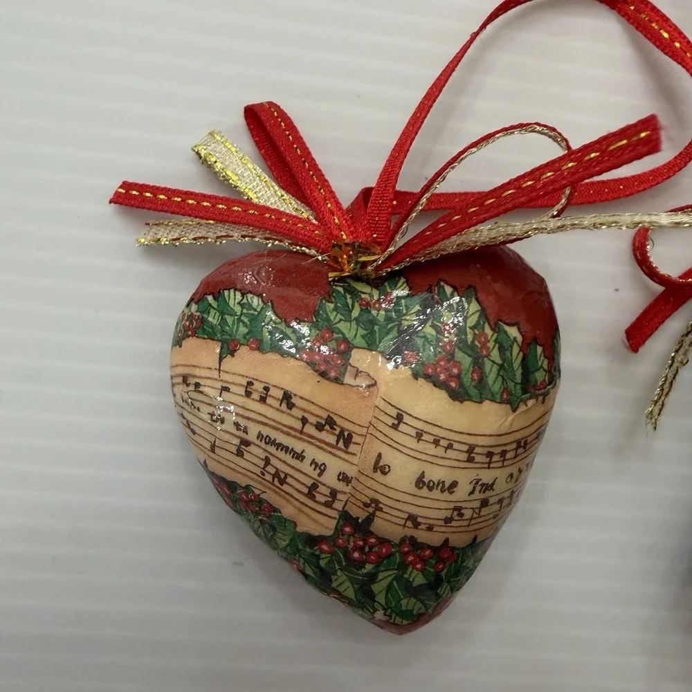 Vintage Decoupage Christmas Ornament Set Of 2 Bell & Heart Holiday Music Holly
